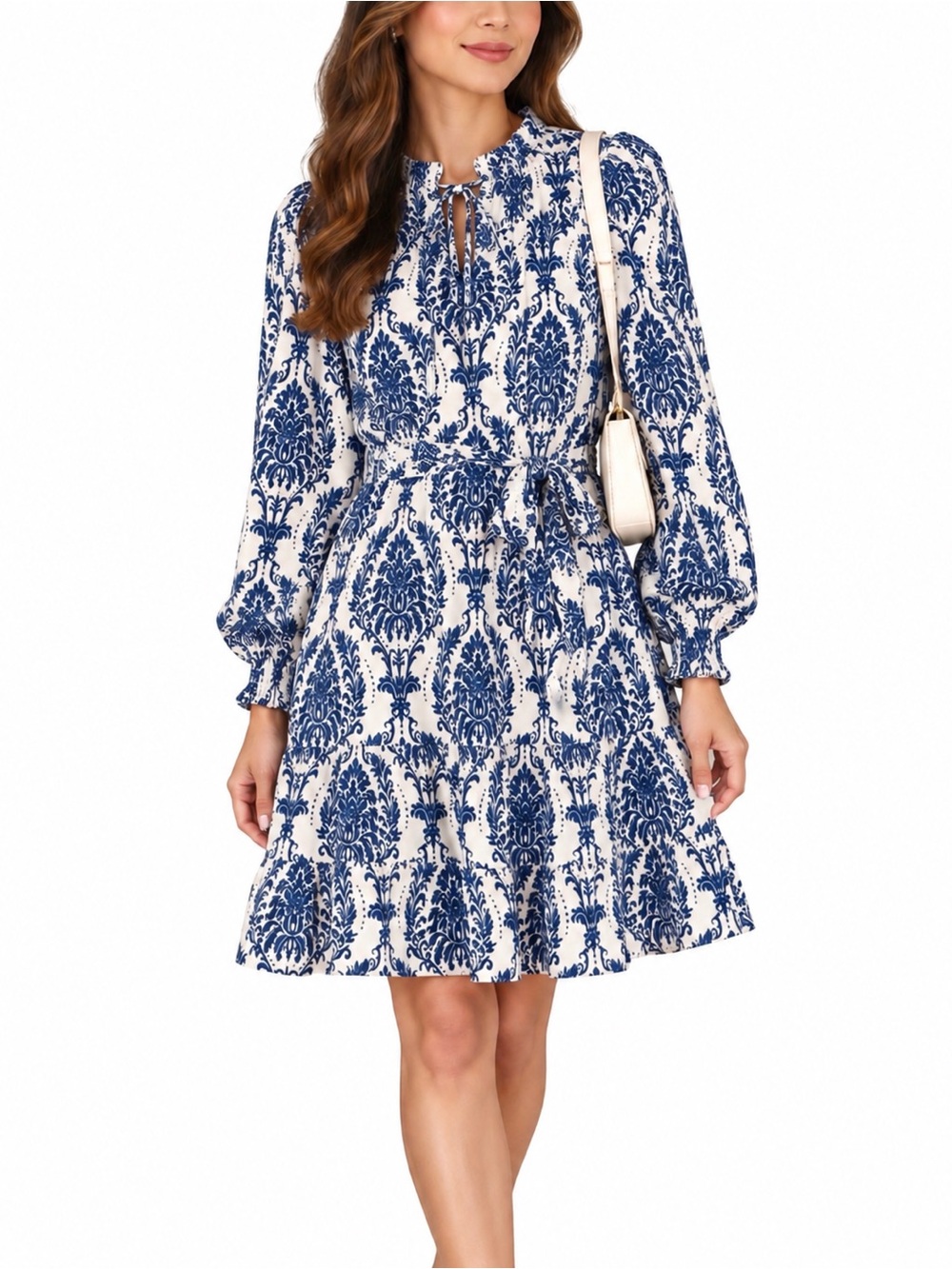 White and Navy Printed Long-Sleeve Tiered Dress Coastal Core